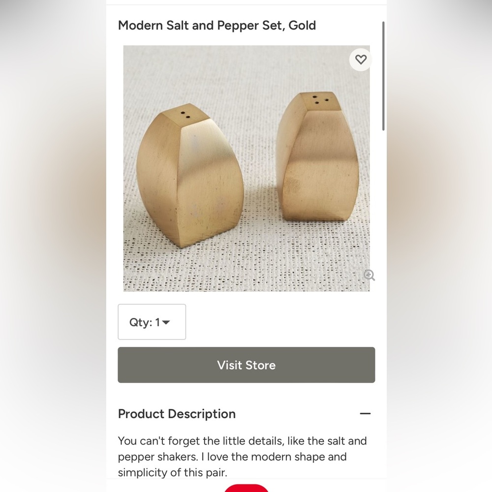 New! West Elm Modern gold salt and pepper shaker NIB